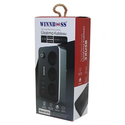 Winboss-3414 Termal Akım Korumalı 3'Lü Priz 3xUSB 2 MT Anahtarlı Uzatma Kablo Siyah